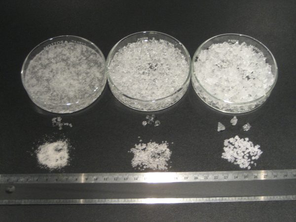 AgSAP Crystals in three sizes before and after soaking